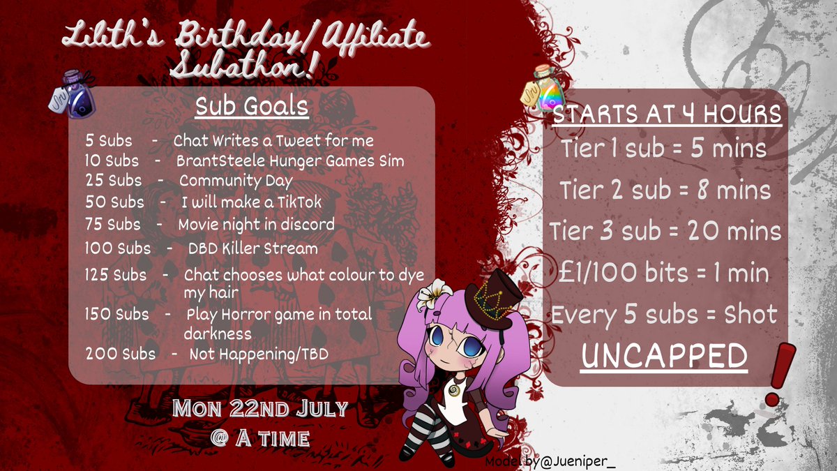 LilithTheDollVT's tweet photo. Hey toe beans! I will be streaming in a bit, just need food and such, but I realized I have not posted this on X yet. On Monday 22nd I'll be celebrating my birthday AND 3 year affiliateversary!1 With, my first Subathon. Hope to see you there <3 https://t.co/bLiGlVbHJ1