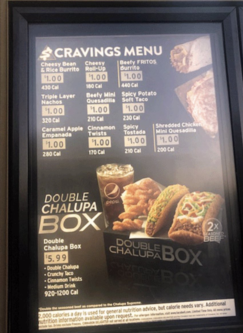 RepRusty2024's tweet photo. Taco Bell Cravings menu under Trump vs Biden. Go ahead and argue this one https://t.co/MjwwLqRb5j