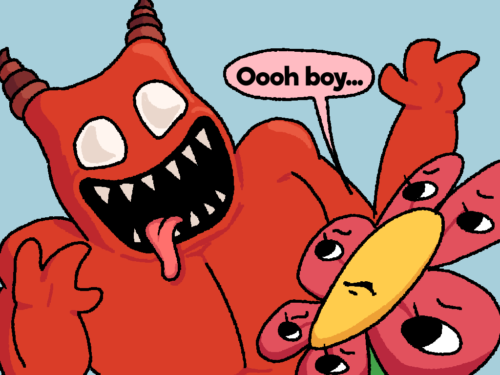 ShyderTyder's tweet photo. Gaah, why can't this IDIOT stop making enemies with hot red people!!!! 

(ALSO uuuuh the epic words in the 4th panel might be a bit too SEXY for some people, SORRY okay, GOD, get off my BACK!!!!)

#GartenOfBanban #GOBB #GartenOfBanbanOC #Banban #HellishBanban #Banbaleena #OC https://t.co/zlvnkX2YLl