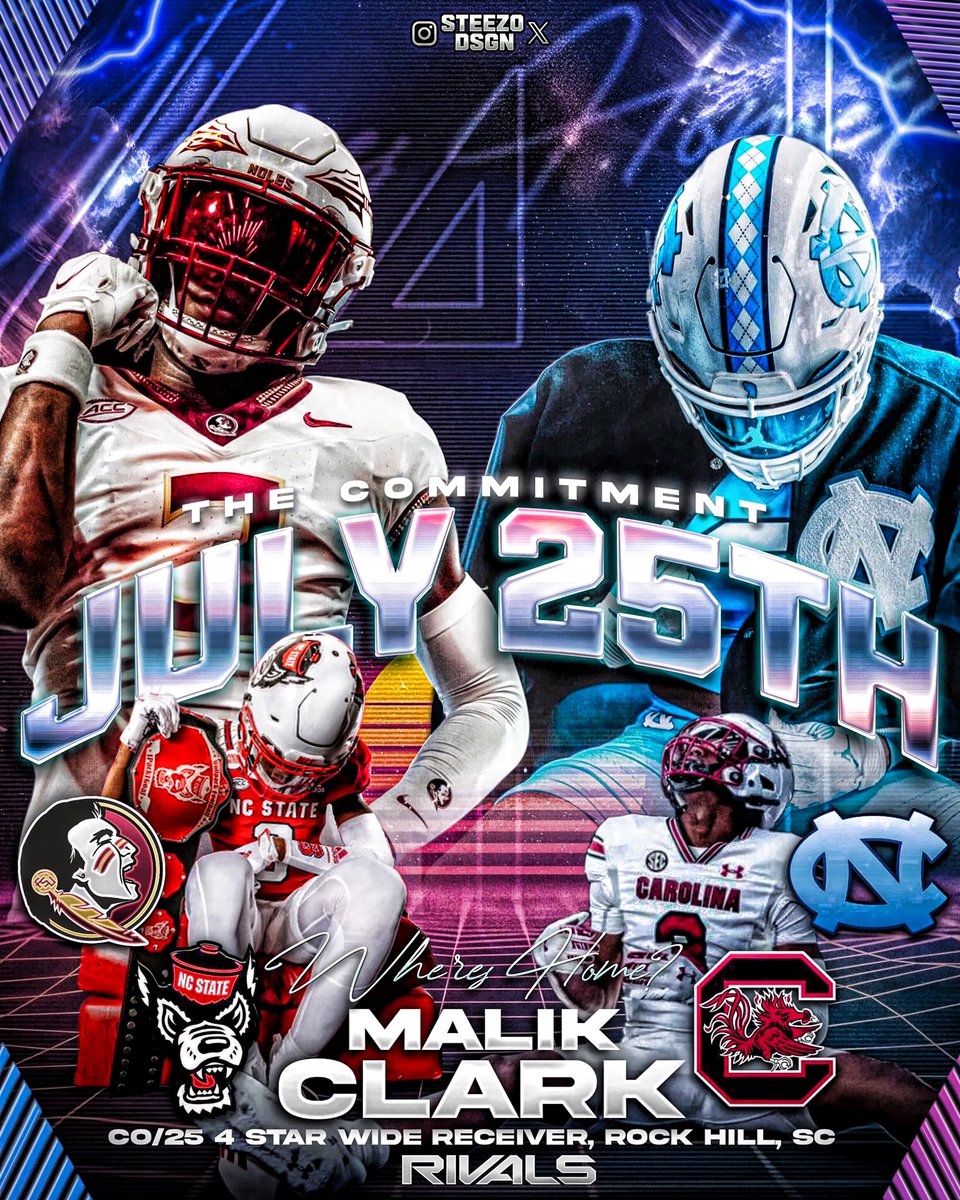 BREAKING: CO/25 4 ⭐️ WR Malik Clark ( <a href="/malikgocrxzy/">🌟 Malik Clark🌟</a> ) will announce his commitment to one of these 4 schools July 25th he tells me. 
-
Malik is a 6’2 ( 170 LBS ) WR out of Rock Hill, SC. He ranks as the Number #1 Wide Receiver in South Carolina according to Rivals. Would be a