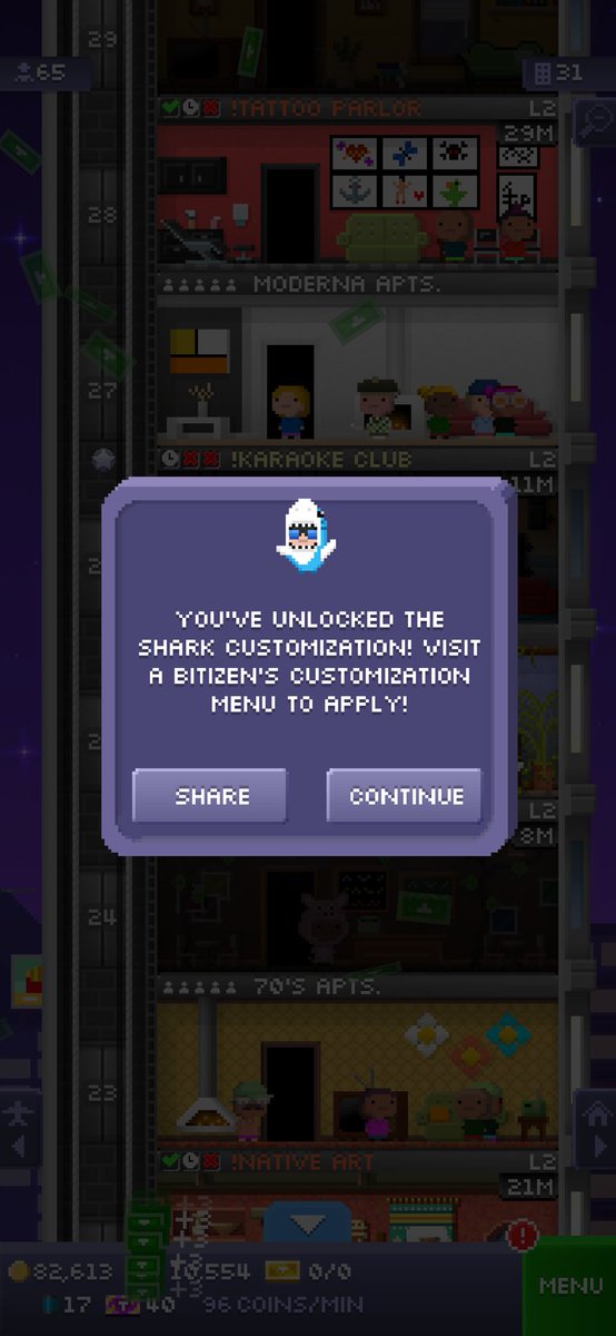 I just unlocked the shark customization in Tiny Tower!