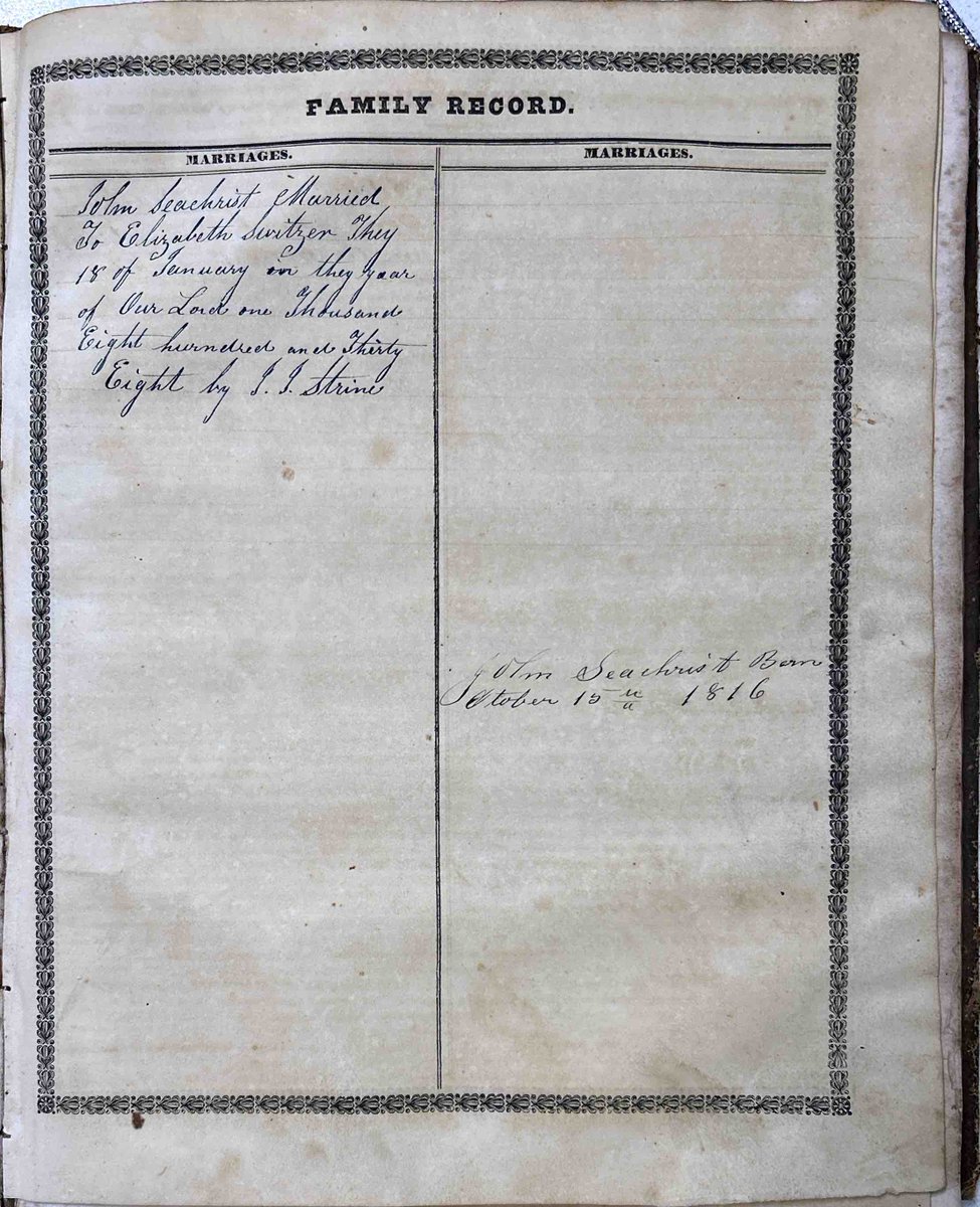 biblerescue's tweet photo. The Seachrist family Bible was published in 1842 and records the marriage of John Seachrist to Elizabeth Sweitzer in 1838 with several pages of other entries. 

See if we have your family Bible by searching our online database at https://t.co/WAPXWzQmET
#BibleRescue https://t.co/XUlSv5h47S