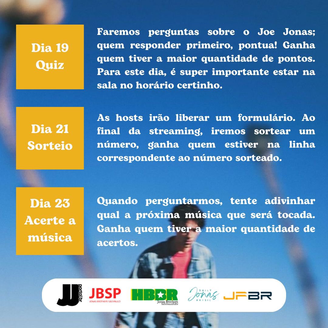 joejonasportal's tweet photo. Faltam poucas horas para termos “Work It Out” disponível no Brasil e o coração está a mil! ✨

Amanhã será o primeiro dia da Stream Party em parceria com as divas @hellobbr_ @dailyjonasbr @JonasB_SP e @jonasfansbr e como mencionamos anteriormente, alguns prêmios serão sorteados. Na imagem está uma explicação de como funcionará nossa dinâmica 💛

Não esqueçam de ouvir “Work It Out” durante o dia. Queremos todo mundo animadíssimo e cantando a plenos pulmões quando estivermos ouvindo juntos 🙂‍↔️✨💛