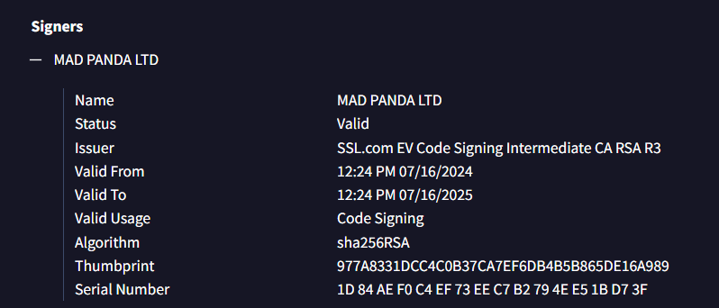 PandaRE__'s tweet photo. Another certificate used by #D3FackLoader, but this one put a big smile on panda's face 🐼 https://t.co/E011G2ReIf