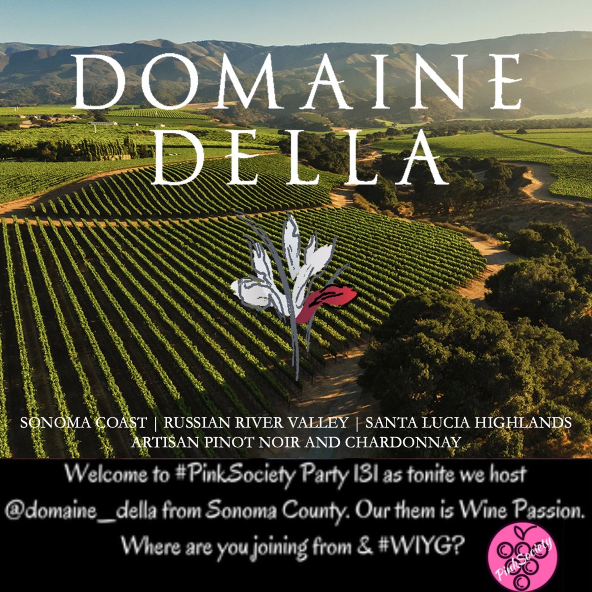 thepinksociety_'s tweet photo. Welcome to #PinkSociety Party 131 as tonite we host @domaine__della from Sonoma County. Our theme is Wine Passion. Where are you joining from &amp; #WIYG? @jflorez @_drazzari @rr_pirate @myvinespot @redwinecats @wine4frida @winedivaa @Kerryloves2trvl @AskRobY @magee333 https://t.co/xP0OMLQRqI