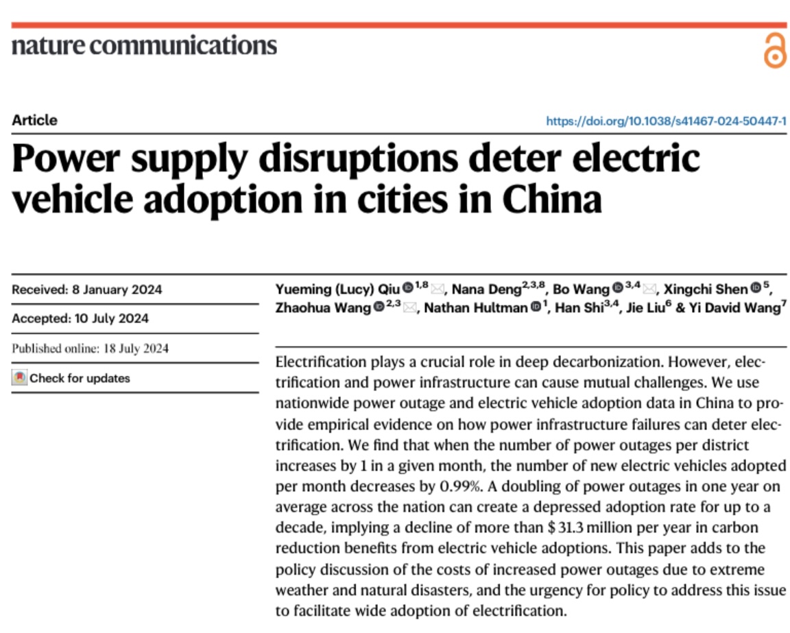 Yueming (Lucy) Qiu (@lucy_qiu_) on Twitter photo Our new Nature Communications paper is out
<a href="/NatureComms/">Nature Communications</a> with <a href="/natehultman/">Nate Hultman</a> <a href="/Xingchi_Shen/">Xingchi Shen</a>. Power supply disruptions deter electric vehicle adoption in cities in China. <a href="/UMDResearch/">UMD Research</a> <a href="/UMDPublicPolicy/">UMD Public Policy</a> <a href="/CtrGlobSust/">Center for Global Sustainability</a> Our new Nature Communications paper is out
<a href="/NatureComms/">Nature Communications</a> with <a href="/natehultman/">Nate Hultman</a> <a href="/Xingchi_Shen/">Xingchi Shen</a>. Power supply disruptions deter electric vehicle adoption in cities in China. <a href="/UMDResearch/">UMD Research</a> <a href="/UMDPublicPolicy/">UMD Public Policy</a> <a href="/CtrGlobSust/">Center for Global Sustainability</a>