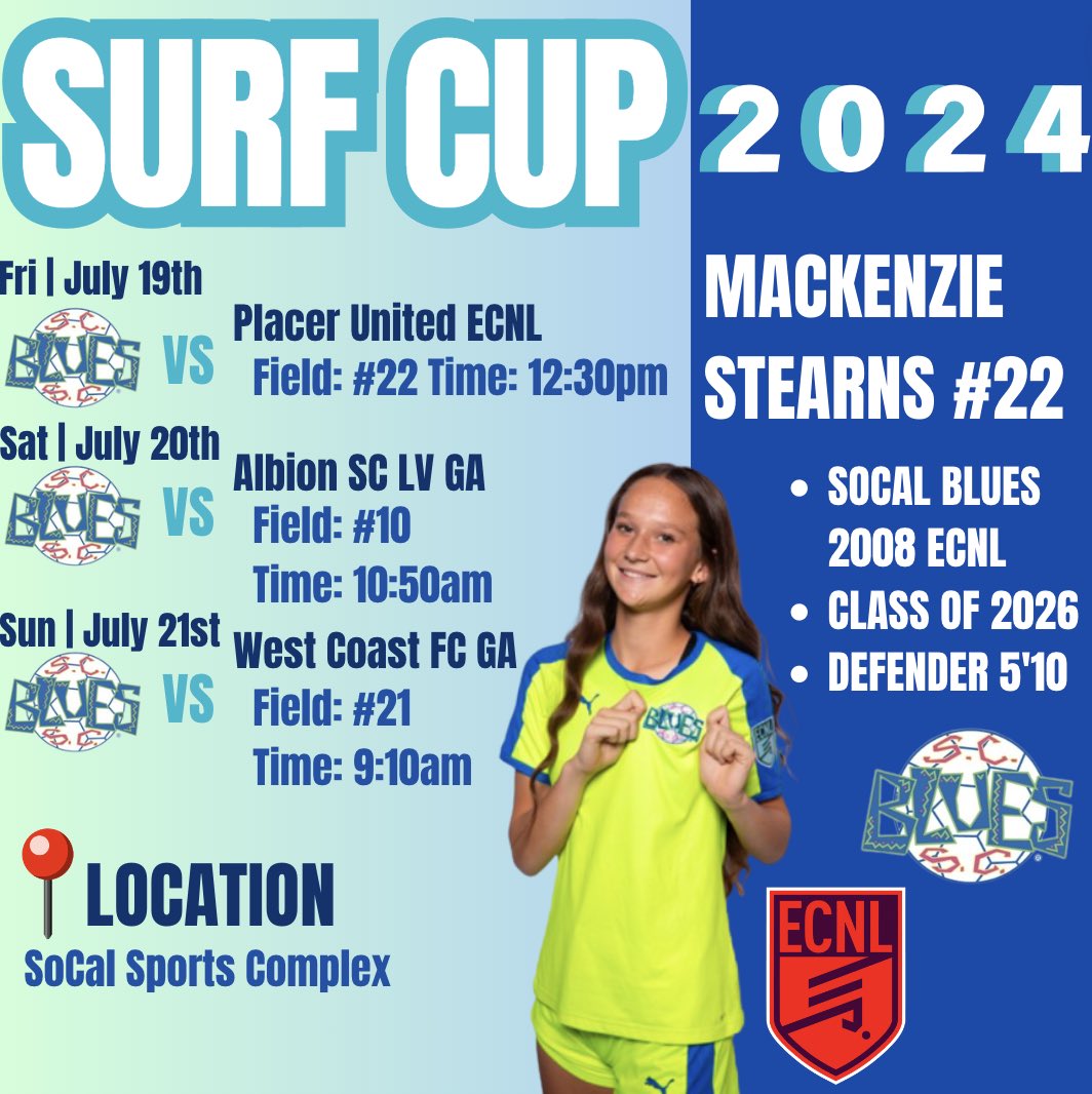 Really excited to kick off the new season tomorrow at #SurfCup !!! Below is my schedule ⬇️ Can’t wait!! #ecnl #socalblues #soccer #womenssports #newseason #defender #futbol #classof2026