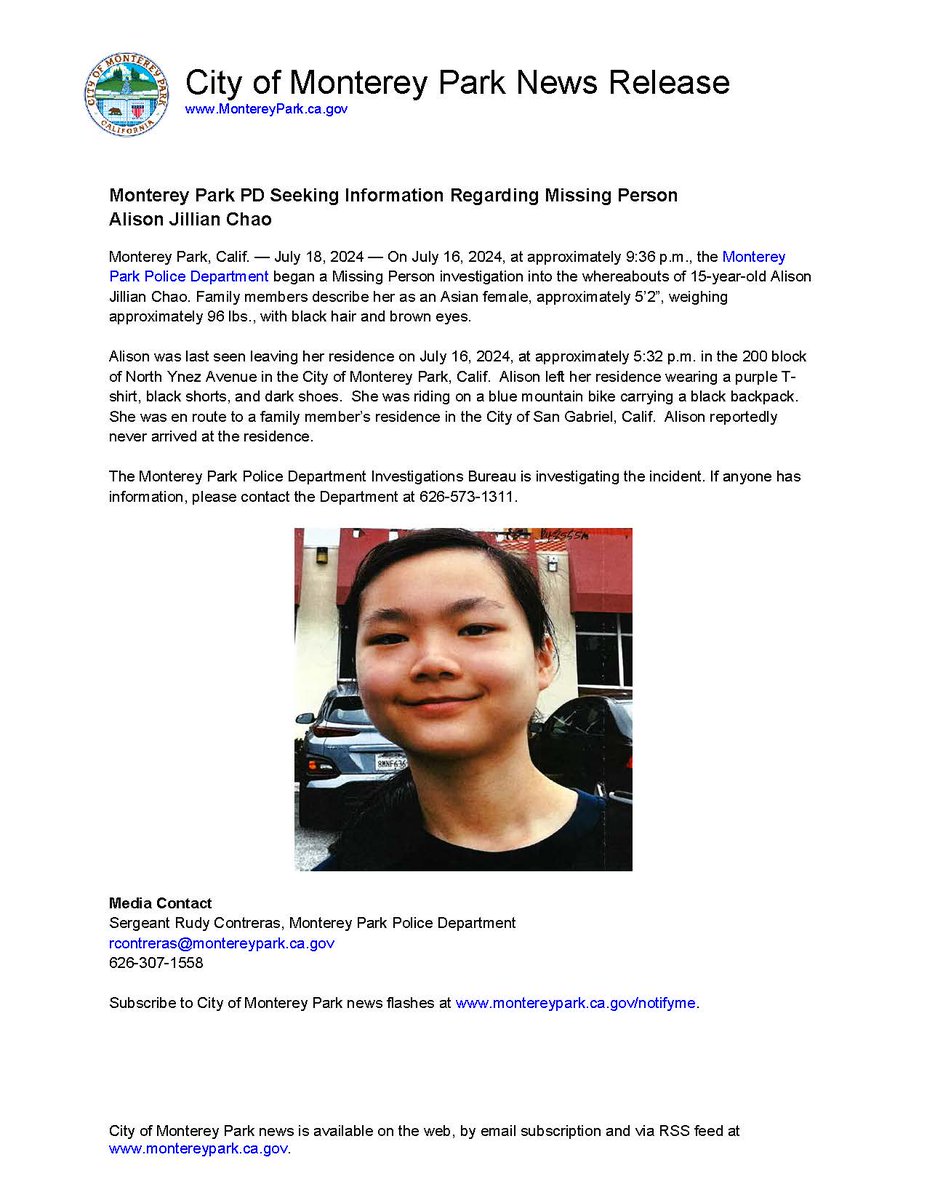 cityofmpk's tweet photo. Monterey Park PD Seeking Information Regarding Missing Person Alison Jillian Chao

The MPPD Investigations Bureau is investigating the incident. If anyone has information, please contact the Department at 626-573-1311.

https://t.co/Gjx6NgahNX

@MontereyParkPD https://t.co/h3ycM9eng2