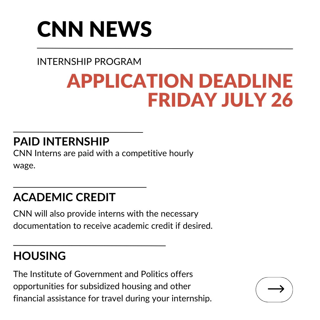 UtahStateIOGP's tweet photo. Internship opportunity!
CNN is looking for interns for fall 2024!

The IOGP is here to help, please contact us with any questions! iogp@usu.edu 435-797-9618 https://t.co/hbOuK6inwr https://t.co/qzcVmKbJic