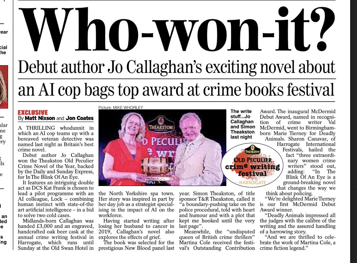 MattNixson's tweet photo. Huge congrats @JoCallaghanKat #TheakstonCrime Novel of the Year 2024 winner at @HarrogateFest this evening for In The Blink Of An Eye. An utterly brilliant debut. Congrats to other shortlistees, plus #Mcdermid Prize winner Marie Tierney for Deadly Animals. 👏#tomorrowsnewstonight https://t.co/vbiTisvshU