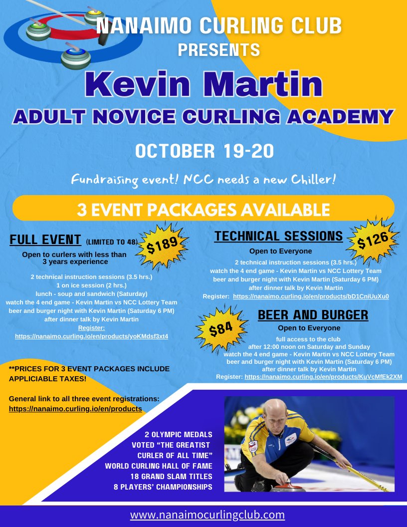 Hey everyone, Registration for the Kevin Martin Adult Novice Curling Academy at Nanaimo Curling 
Link to Full event -$189:  nanaimo.curling.io/en/products/79…
Link to Technical Sessions $126: nanaimo.curling.io/en/products/79…
Link to Beer &amp; Burger $84: nanaimo.curling.io/en/products/79…