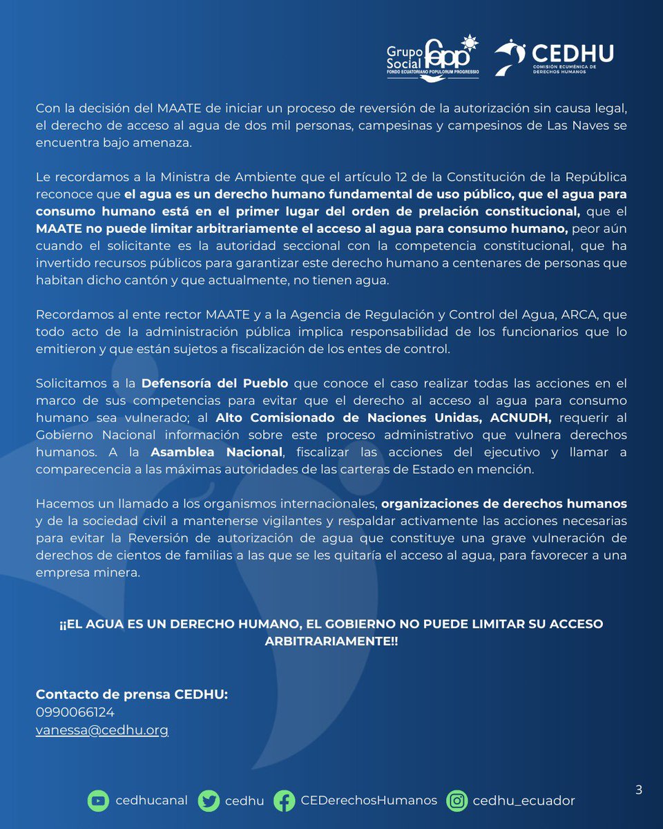 📢🗣️📄#BOLETÍNDEPRENSA

🔴#URGENTE 

Ministerio de Ambiente Agua y Transición Ecológica @Ambiente_Ec pretende despojar del agua para consumo a DOS MIL PERSONAS CAMPESINAS del cantón #LasNaves en la provincia de #Bolívar

Más información ➡️ bit.ly/3YbXUlk