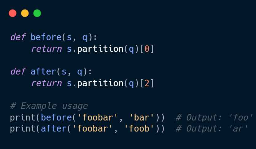 Python__Task's tweet photo. @treyhunner I prefer to use the partition method to achieve this functionality as it provides a clean and clear way to split the string. 
#Python #Coding #100DaysOfCode #python_task https://t.co/U5sBUXuppx