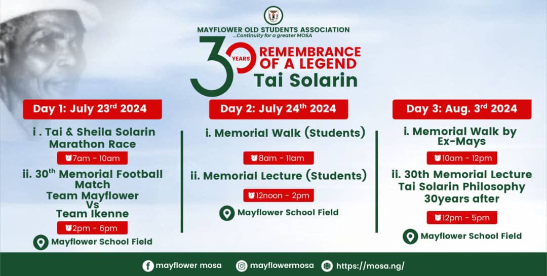 *MOSA CELEBRATES 30th MEMORIAL OF TAI SOLARIN* 

Dear Chairpersons/Secretaries

Good day.

The 30th Memorial of our late sage, Dr Tai Solarian will come up from July 23rd 2024 – August 3, 2024 at Ikenne.