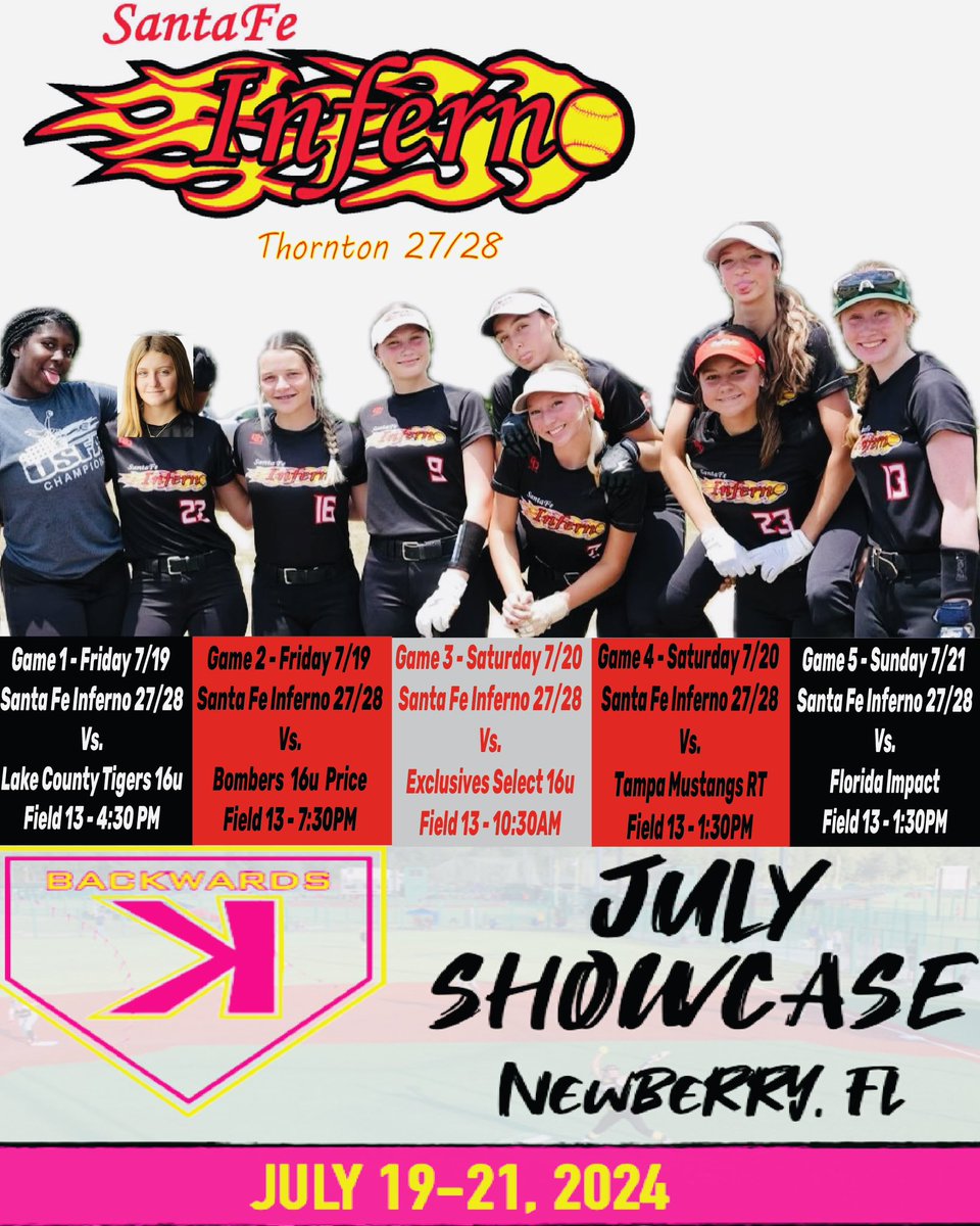 Last tournament of the summer! Come check us out, we’ll be on Field 13 all weekend! <a href="/BackwardsKJax/">Backwards K Softball</a> showcase in Newberry! 🔥🔥 🔥