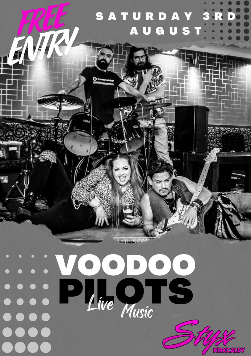 Saturday 3rd August 

We bring you the fantastic

"Voodoo Pilots" ❤️

Not only do we get to see them live, you get to see them LIVE FOR FREE 😍

So there's no reason why you can't pop your head in, for a fantastic night's entertainment 🎸🥁