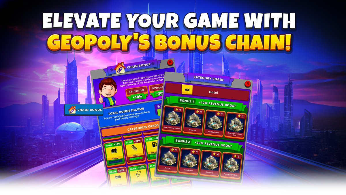 Elevate your game with #Geopoly's Bonus Chain! 🚀  Unlock a world of advantages as you build your real estate empire! 👉 How it Works: 4 Properties = 10% Bonus, 8 Properties = 20% Bonus.  Maximize your profits, and dominate the game like never before! 💪