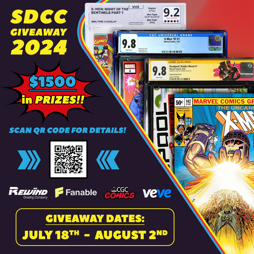 🚨SDCC GIVEAWAY 2024🚨

We’re thrilled to announce that we are partnering with <a href="/veve_official/">VeVe | Digital Collectibles</a>, <a href="/CGCComics/">CGC Comics</a>, <a href="/FanableApp/">Fanable</a>, and <a href="/RewindGrading/">Rewind Grading</a> to give away over $1,500 in prizes for our annual SDCC Giveaway!

ENTER NOW:
gleam.io/waoh0/sdcc-giv…

PRIZES:

*Deadpool: Badder Blood #1 CGC