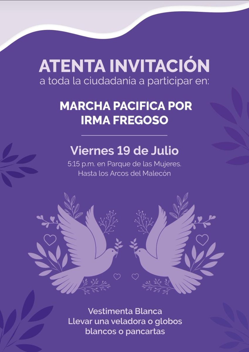 Mañana viernes 19 de julio a las 5:15 pm, la familia de Irma Fregoso convoca a participar en la Marcha Pacífica. 🕊️

El punto de reunión es en el Parque de las Mujeres (Libramiento y Av. Francisco Medina Ascencio). Vestimenta Blanca. 

#JusticiaparaIrma #PuertoVallarta