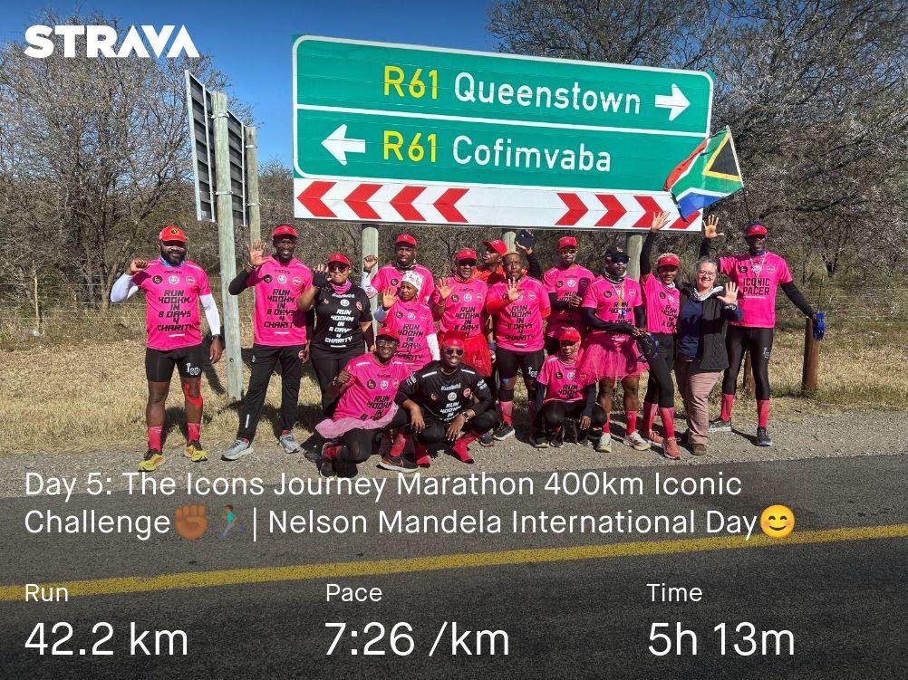 LukhanyoZ's tweet photo. Day 5 of 8 (212km of 400km) completed!😁💪🏾
"There can be no greater gift than that of giving one's time and energy to helping others without expecting anything in return." 
#icons4change❤️
#runtoendhunger🙏🏾
#400kmiconicchallenge24
#RunningWithTumiSole 
#FetchYourBody2024 https://t.co/3qO2k7QuML