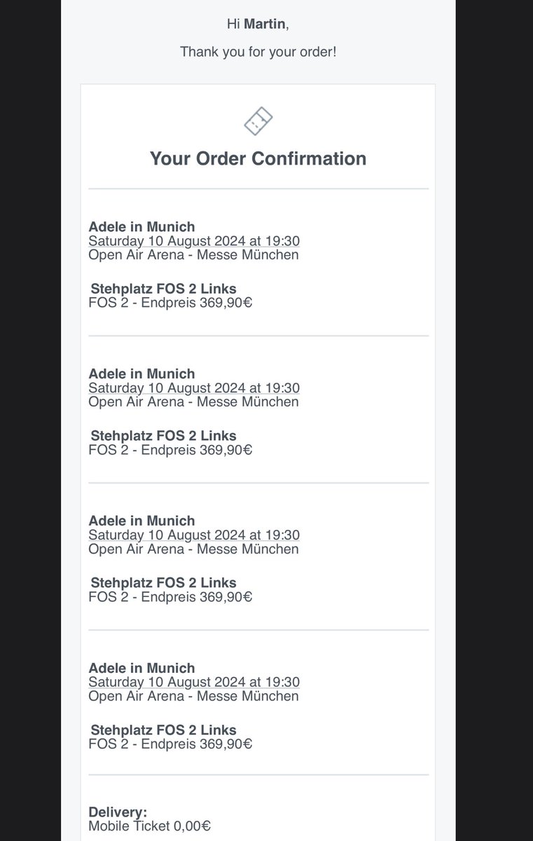 MartinIPetrov's tweet photo. Selling 2 out of 4 Adele tickets for August 10, as friends can’t make it. Happy to accept 300 each, so I can make someone happy. FOS 2 left. Listed on Twickets too. 

#Adeletickets #AdeleInMunich https://t.co/FpbaBUplTn