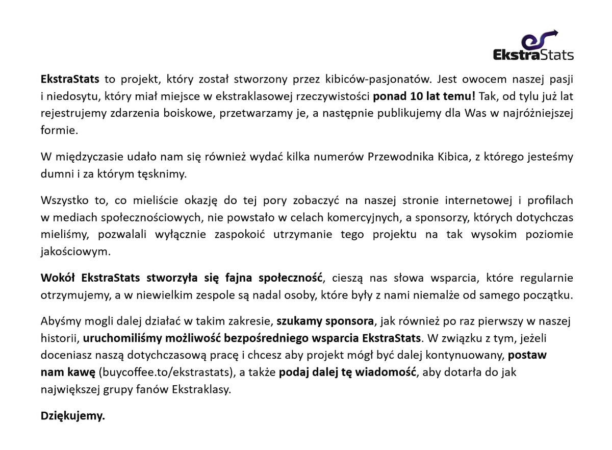 EkstraStats (@ekstrastats) on Twitter photo ‼️ Jest to dla nas bardzo istotne, więc prosimy przeczytajcie kilka słów od nas i podajcie dalej tego tweeta, a jeżeli macie ochotę wesprzeć EkstraStats i postawić nam wirtualną kawę ☕️, to zapraszamy pod ten link ➡️ buycoffee.to/ekstrastats ‼️ Jest to dla nas bardzo istotne, więc prosimy przeczytajcie kilka słów od nas i podajcie dalej tego tweeta, a jeżeli macie ochotę wesprzeć EkstraStats i postawić nam wirtualną kawę ☕️, to zapraszamy pod ten link ➡️ buycoffee.to/ekstrastats