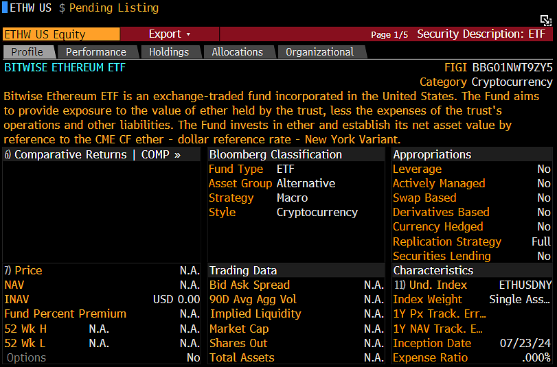 JSeyff's tweet photo. We had some of the Ethereum ETFs added to Bloomberg today. $ETHW from @bitwise, $CETH from @21Shares, and $FETH from @Fidelity. The others will likely be added tomorrow and Monday. Trading still on track to start next week. https://t.co/Ywt7Ik6lIs