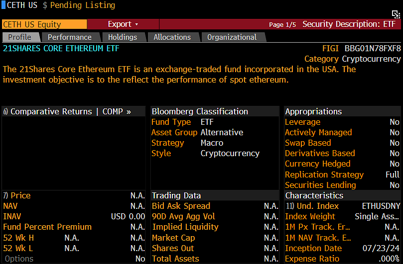 JSeyff's tweet photo. We had some of the Ethereum ETFs added to Bloomberg today. $ETHW from @bitwise, $CETH from @21Shares, and $FETH from @Fidelity. The others will likely be added tomorrow and Monday. Trading still on track to start next week. https://t.co/Ywt7Ik6lIs