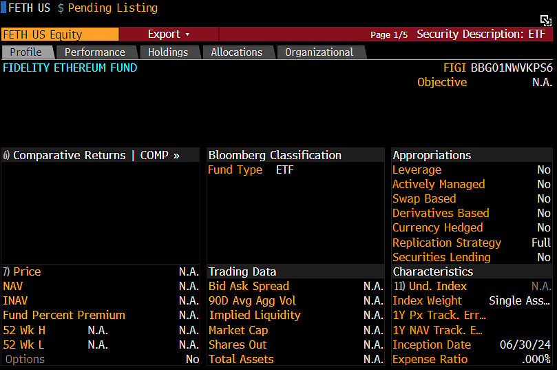 JSeyff's tweet photo. We had some of the Ethereum ETFs added to Bloomberg today. $ETHW from @bitwise, $CETH from @21Shares, and $FETH from @Fidelity. The others will likely be added tomorrow and Monday. Trading still on track to start next week. https://t.co/Ywt7Ik6lIs