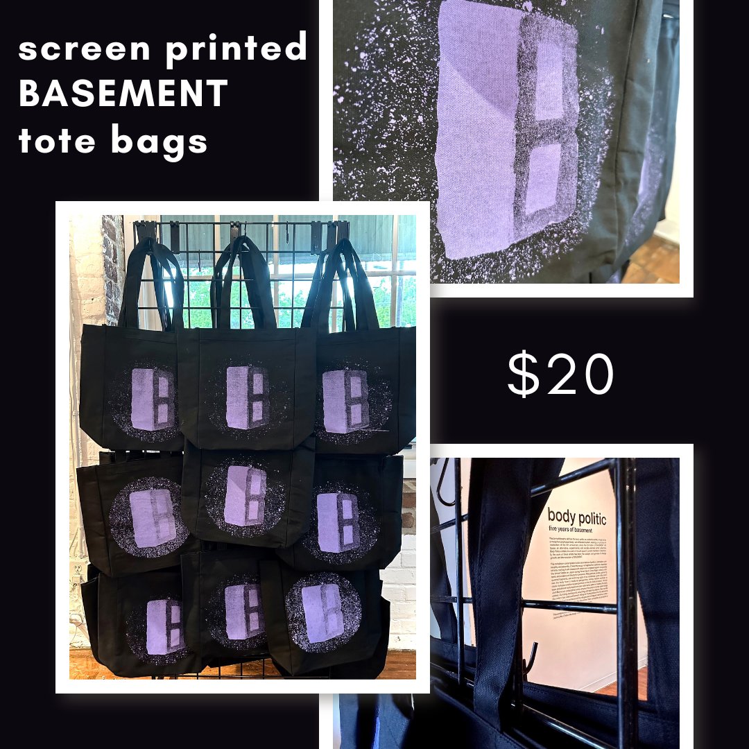 💜These special screen printed bags are available at the Eno Arts Mill through Sat, July 27th. Our current show, "body politic" celebrates 5 years of BASEMENT, a provisional artist-run project space located in Chapel Hill that supports experimental and critical art practices.