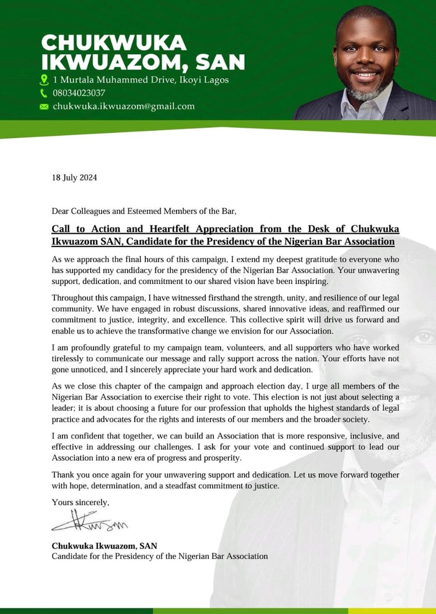 Thank you for your support and commitment to our shared vision and cause so far!

Let us make it count with our votes on Saturday 20th July, 2024. 🙏🏾

#TransformativeLeadership
#ManLikeChuka
#Chuka4NBAPresident