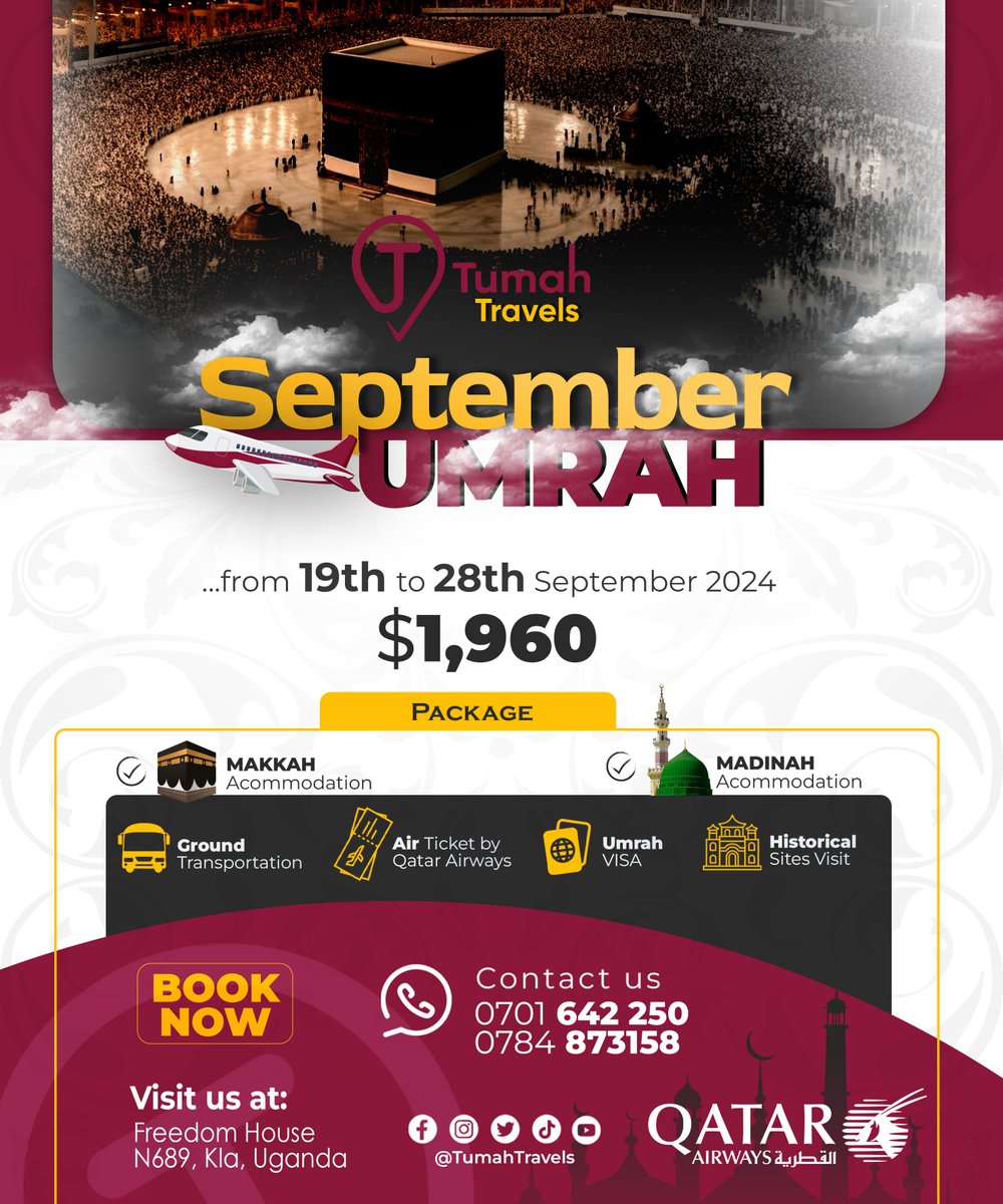 TumahTravels's tweet photo. Our September Umrah packages are now available for booking. Join us for a memorable and meaningful pilgrimage to the holy cities of Mecca and Medina.

#tumahtravels
#septemberumrah https://t.co/CluSEwp86k