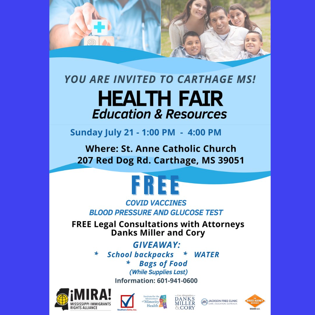 CARTHAGE, MS and surrounding areas Southern Echo is teaming up with @mirastruggle , @jacksonfreeclinic @advancing_minority_health and other organizations for a HEATH FAIR this Sunday from 1:00 pm-4:00 pm at St. Anne Catholic Church. 

#SouthernEcho #communityfirst #HealthFair