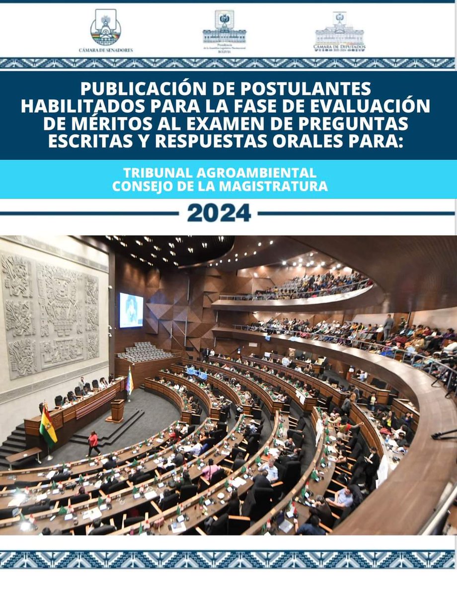 SenadoBolivia's tweet photo. 📢 ¡Atención! 📢

📋 Presentamos la lista de postulantes habilitados para la fase de evaluación de méritos del examen de preguntas escritas y respuestas orales para el Tribunal Agroambiental y Consejo de la Magistratura.

👉Lista completa aquí: https://t.co/Fo4dBxCjUR https://t.co/pLLIFWzHf4