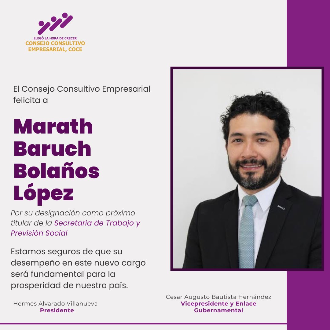 COCEMX's tweet photo. Extendemos nuestras felicitaciones a Marath Baruch Bolaños López por su nombramiento como próximo Titular de la Secretaría del Trabajo y Previsión Social en el Gabinete Presidencial. Su talento y dedicación serán clave para impulsar el bienestar de todos los mexicanos. https://t.co/wg8Pf1Vbap