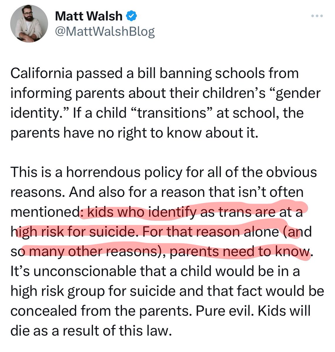 Is there data about suicidality of trans kids which compares kids with supportive parents to those with unsupportive parents? I’m guessing that if your kid doesn’t feel safe telling you about their gender identity, then you’re probably their biggest risk factor.
