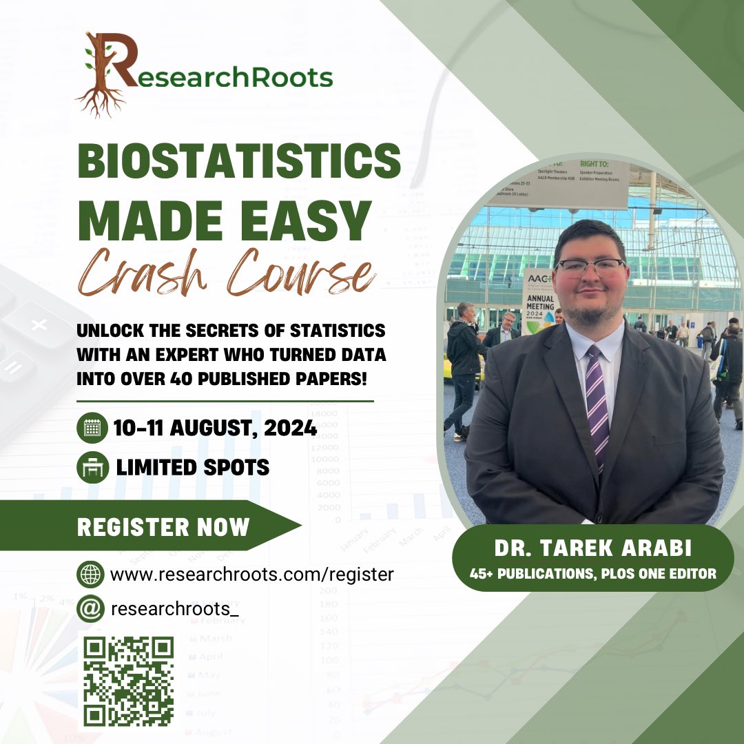 ResearchRoots_'s tweet photo. Master Biostatistics with Ease!📊

Join ResearchRoot's “Biostatistics Made Easy” Course led by Dr. Tarek Arabi, a medical student training at the Mayo Clinic and University of Pittsburgh. 

Learn the basics of statistics and hands-on applications using GraphPad Prism.

Register now via our website. Limited spots available.

🔗: https://t.co/L2BB7APmBQ
