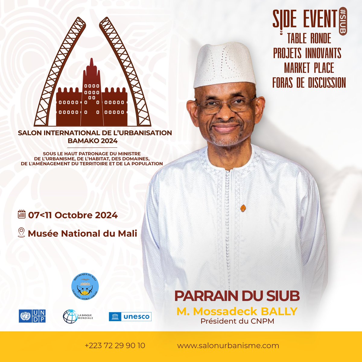 SalonInterUrba's tweet photo. 🌉🌆👨🏽‍⚖️🏨🎓🏆👏🏾

Le Salon International de l'Urbanisation, Bamako 2024, à l'honneur de vous présenter son parrain Institutionnel National, Monsieur Mossadeck Bally,  figure marquante du monde des affaires en Afrique, Pr. du CNPM et Pr. du Groupe Azalaï Hôtels. 
#SIUB #Mali https://t.co/h4SWII4V6K