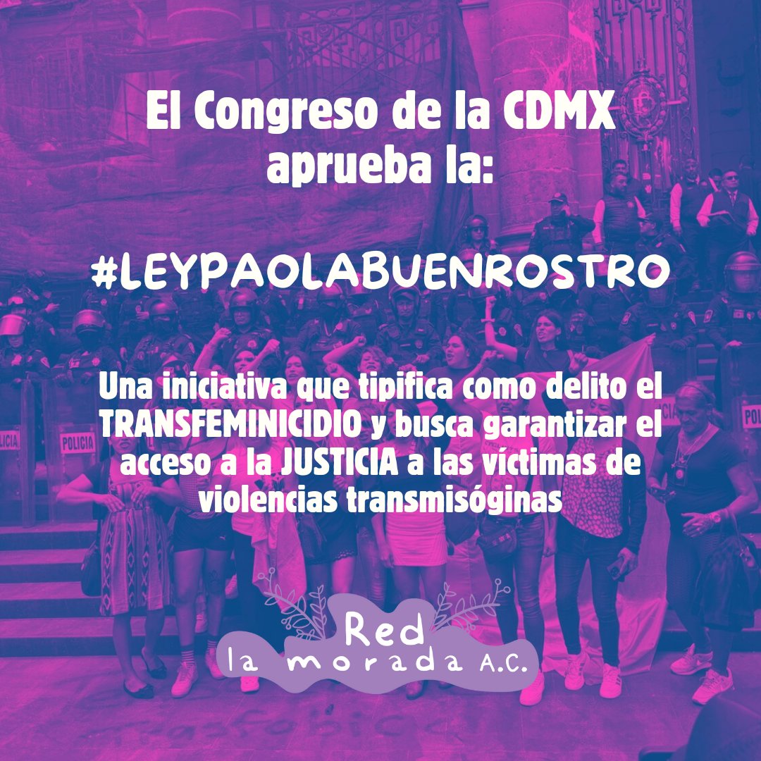 Después de varios años de lucha, hoy por fin el <a href="/Congreso_CdMex/">Congreso de la Ciudad de México</a> aprueba la #LeyPaolaBuenrostro, el cual incluye al TRANSFEMINICIDIO como un delito en el Código Penal.

Sin duda un logro histórico para la comunidad trans 🏳️‍⚧️🏳️‍⚧️🏳️‍⚧️