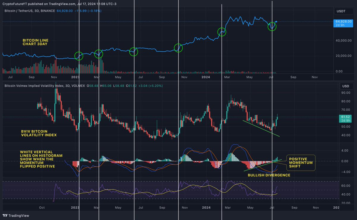 CryptoFutureYT's tweet photo. BVIV Bitcoin Implied Volatility Index 3DAY with Bitcoin price action on the top, represented by the blue line.

More than 90% of the time we saw Bitcoin increase in value after the momentum on the histogram shifted to positive (green bar).

⬇️⬇️

#Bitcoin #Bitcoin2024 #halving https://t.co/Be5JqBhetk