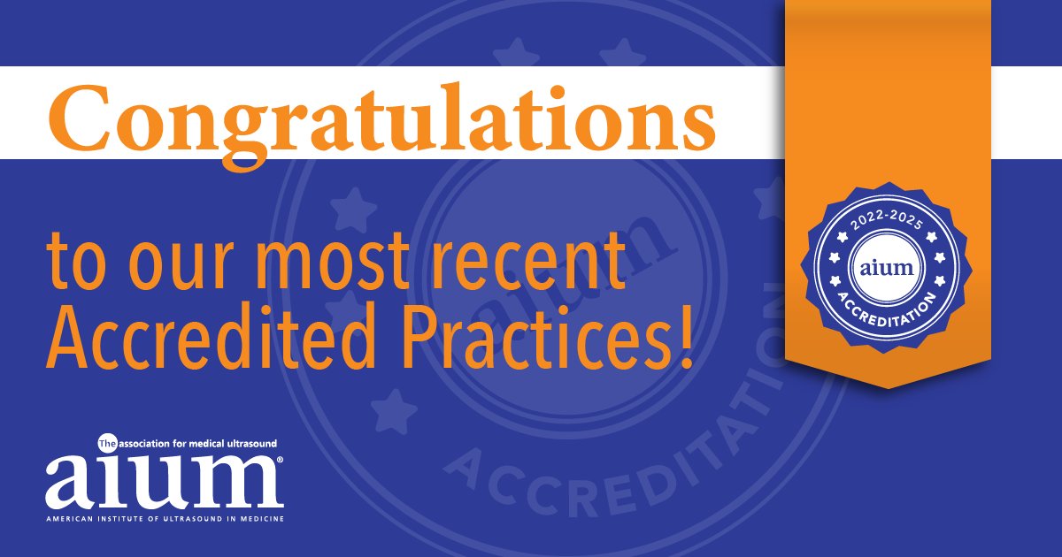 Every month, ultrasound practices are working toward AIUM Ultrasound Practice Accreditation, demonstrating competency in every aspect of the practice's operation. The following practices were accredited in the month of June:
@Pediatrix 
<a href="/AdventistHealth/">Adventist Health</a> 
Congratulations!