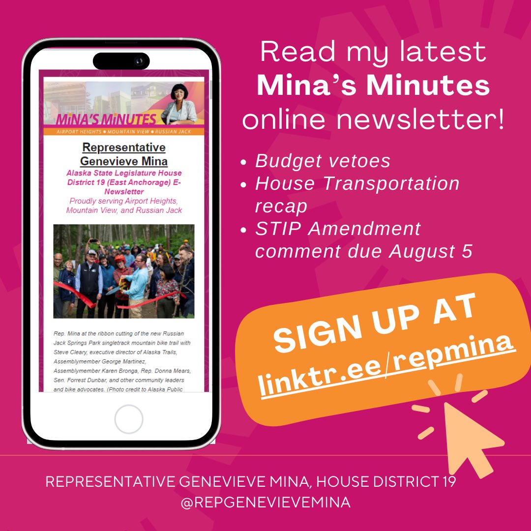 On Tuesday we sent out my latest Mina’s Minutes! I cover the FY25 operating and capital budget with governor's vetoes, transportation, and community events.  You can read the newsletter here: campaignlp.constantcontact.com/em/11398054277… 

Subscribe to Mina’s Minutes lp.constantcontactpages.com/su/ezZzJE8/sig…. #akleg
