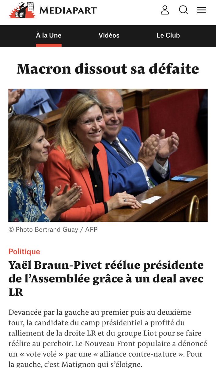 edwyplenel's tweet image. La Une de ⁦@Mediapart⁩ après la défaite du #NFP à ⁦@AssembleeNat⁩ : ⁦@YaelBRAUNPIVET⁩ l’emporte de 13 voix sur ⁦@AndreChassaigne⁩, grâce au renfort de 17 ministres qui siègent en violation de la séparation des pouvoirs. 
👉 mediapart.fr/journal/politi…