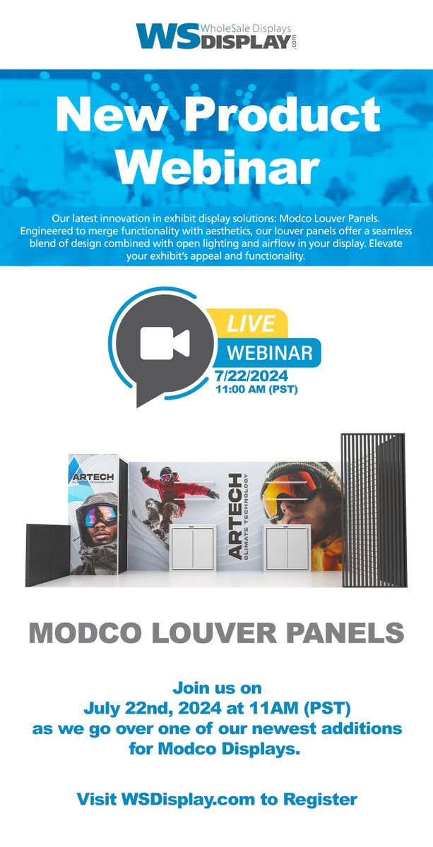 WSDisplay's tweet image. 📢 LIVE WEBINAR! 
Join us on July 22nd, 2024 at 11AM (PST) as we go over one of our newest additions for Modco Displays.

Registration link: lnkd.in/gYx6sP2P