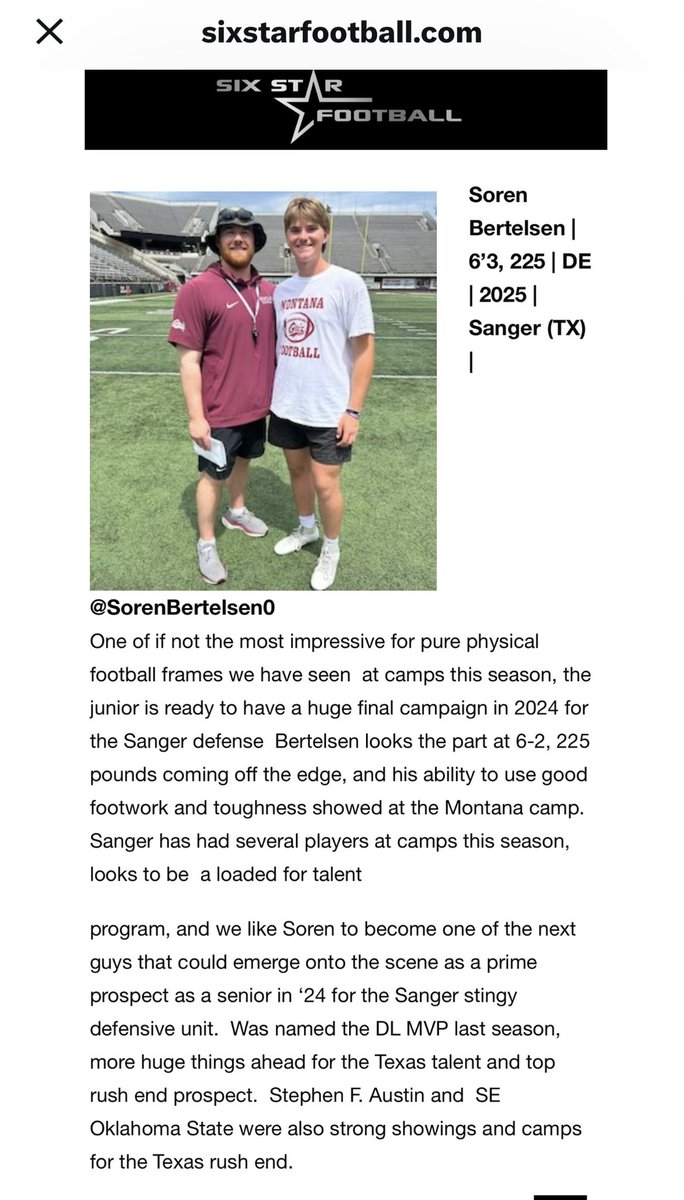Thank you <a href="/sixstarfootball/">Six Star Football | PLUS+</a> for the write up! <a href="/CoachChadRogers/">Chad Rogers</a> <a href="/coach_garcia86/">Zach Garcia</a> <a href="/SangerFB/">Sanger Indian Football</a> <a href="/SangerDefense/">DCMorphis</a> <a href="/DenCoGridiron/">DenCo Gridiron</a> <a href="/_EliteProspects/">🚨Elite Prospects🚨</a> <a href="/JohnFields0/">John Fields</a> <a href="/gobigrecruiting/">Go Big Recruiting</a>