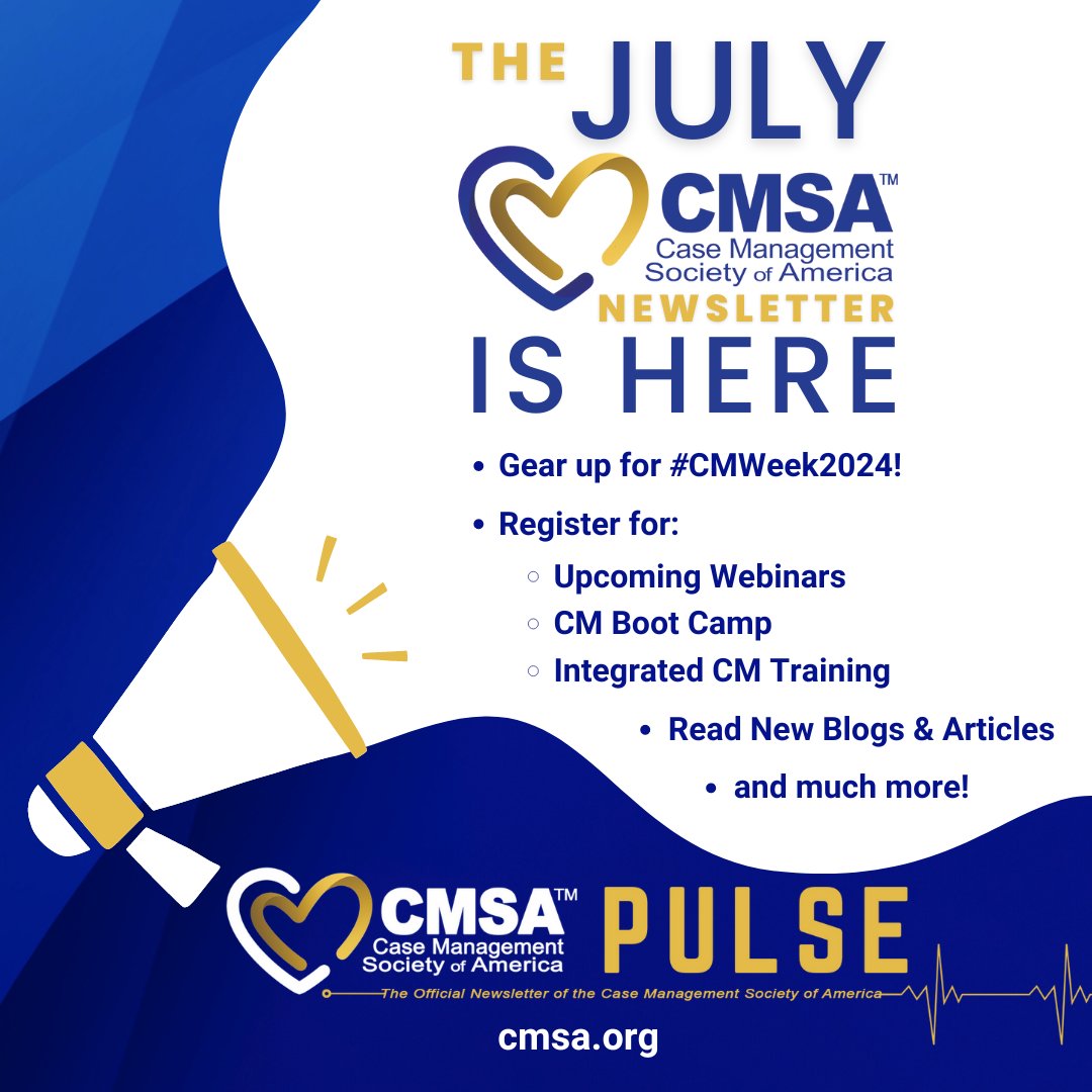 CMSANational's tweet image. July #CMSAPulse Newsletter Alert! 🔗bit.ly/CMSAPulseJuly2…
Includes:
- #CMWeek2024 preparations
- Info &amp;amp; Links on upcoming webinars + advanced trainings
- Blogs and articles you don’t want to miss
- New members, an Affiliate Partner survey, and more!
#CMSA #CaseManagement