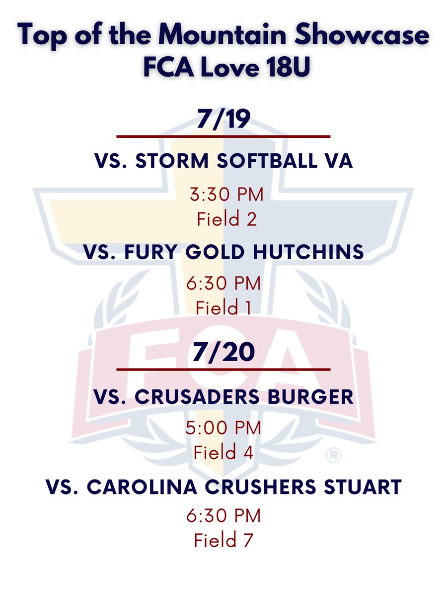 Our schedule for Top of the Mountain Showcase this weekend! Can’t wait to get back on the field with my team!