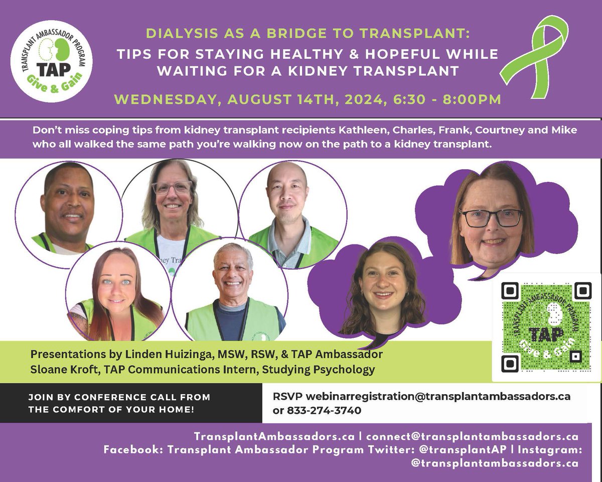 DIALYSIS AS A BRIDGE TO TRANSPLANT
Tips for staying hopeful &amp; healthy while waiting for a kidney!
WEDNESDAY, AUGUST 14th, 2024
6:30PM-8:00PM EST
Join by Microsoft Teams
RSVP webinarregistration@transplantambassadors.ca
#kidneytransplant #kidneydonation