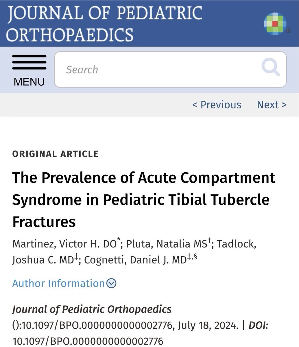 Victor Martinez, DO (@vicmartinez_24) on Twitter photo Utilizing a national pediatric database our study found the rate of ACS in pediatric tibial tubercle fractures to be lower than previously reported, at 1.35%. <a href="/CognettiMD/">Daniel Cognetti, MD</a>
Check out our recent study: journals.lww.com/pedorthopaedic… Utilizing a national pediatric database our study found the rate of ACS in pediatric tibial tubercle fractures to be lower than previously reported, at 1.35%. <a href="/CognettiMD/">Daniel Cognetti, MD</a>
Check out our recent study: journals.lww.com/pedorthopaedic…