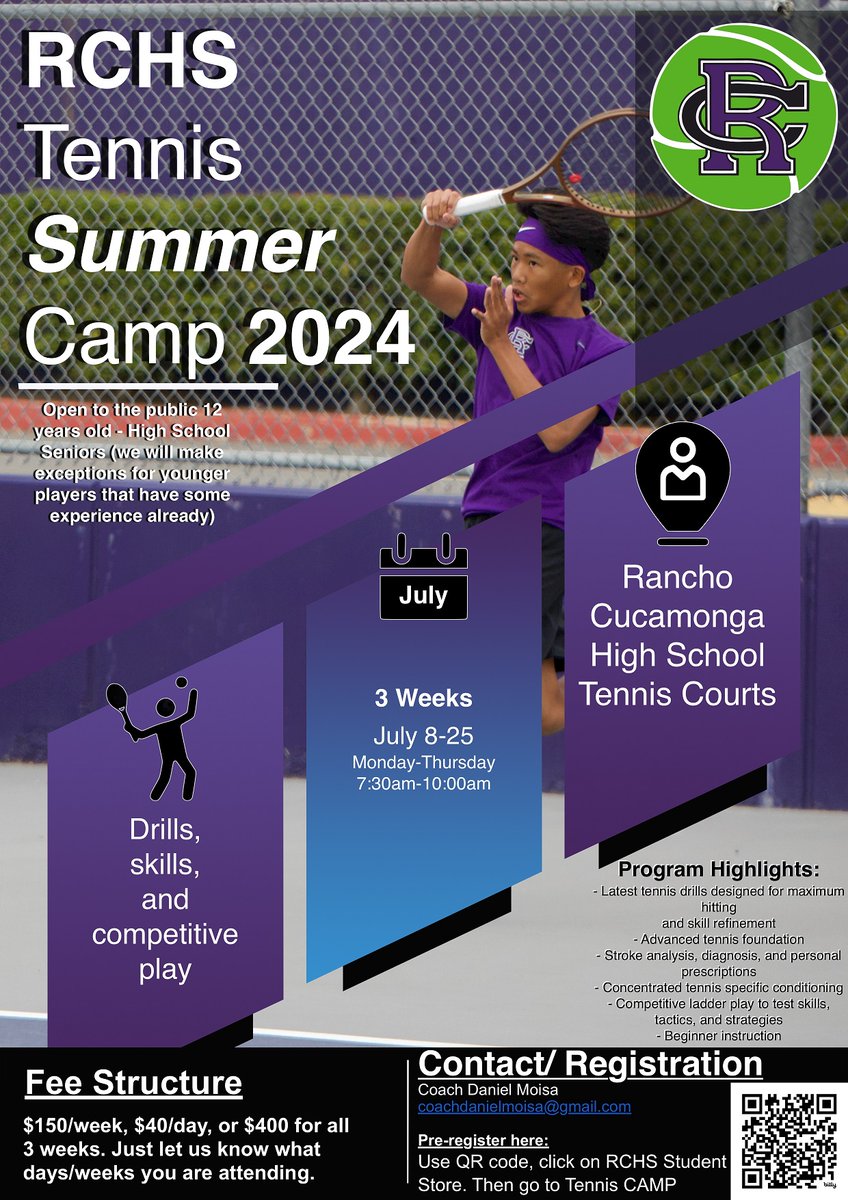 coach_moisa's tweet photo. We just finished the 2nd week of Rancho High Tennis Camp - we still have one more week - openings still available for Week 3 - see attached flyer! Girls tryouts July 29-Aug 1, 2024-Mon-Thurs- 3pm-430pm
@RanchoHSCougars @RCHS_SA @sports_rchs @RCHSAchievement @MrRobertSanch https://t.co/igoCt9LPRs